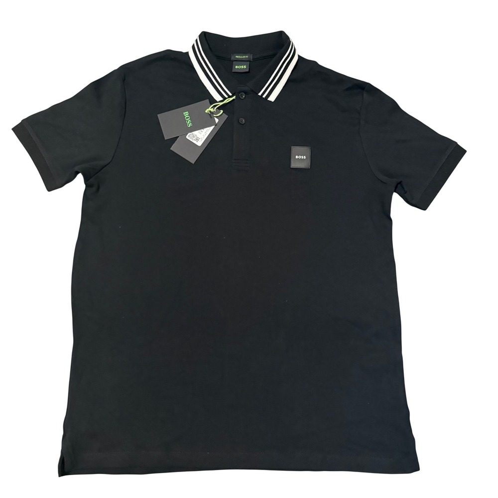 BOSS Men's Black Polo Shirt with Contrast Stripe Collar